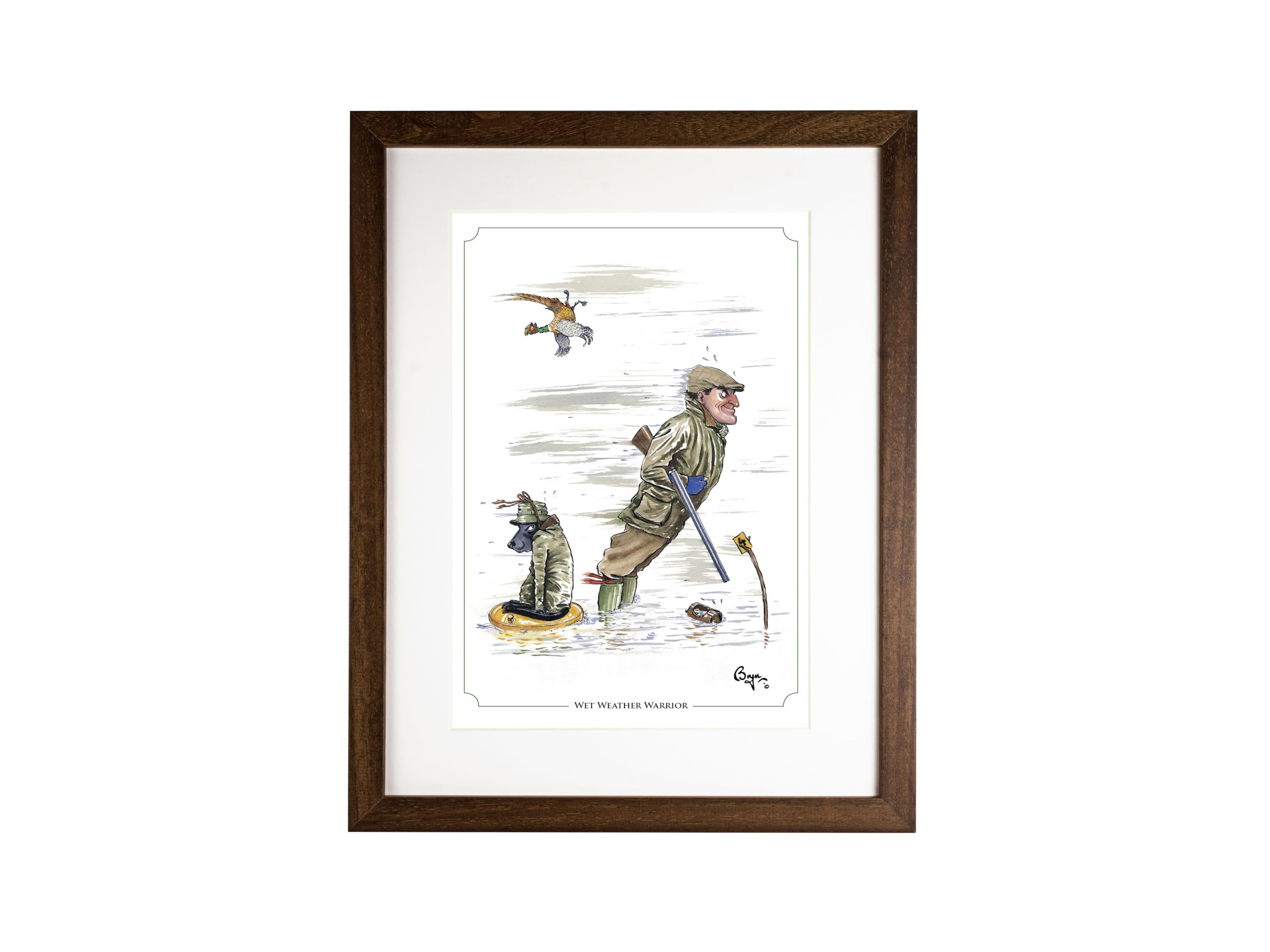 Bryn Parry Cartoon game shooting print. Wet Weather Warrior. Open edition, embossed, collectable FRAMED print ready to hang