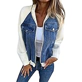 Zhyaj Fall Zip Up Denim Jackets for Women 2024 Long Slevee Washed Lightweight Patchwork Jean Jacket Causal Y2K Sweatshirt聽