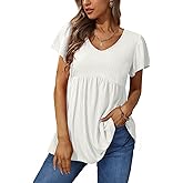 Glanzition Women Ruffle Short Sleeve V Neck Oversized Shirt Tunic Babydoll Tops