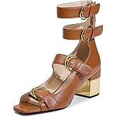 LOCERICH Womens Heeled Sandals Chunky Block Heels Open Toe Strappy Comfortable Ankle Strap Gold Low Heel Dress Shoes for Women