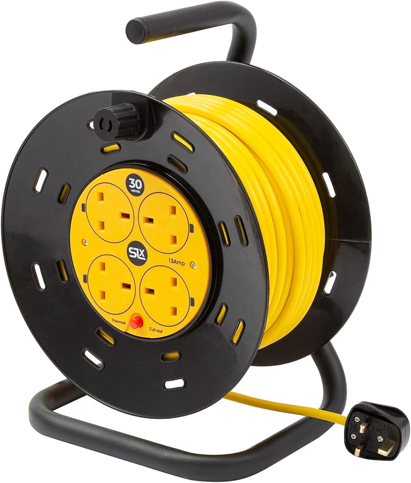 SLx Extension Lead 30m Heavy Duty Cable Reel 4 Socket UK Plug 13A