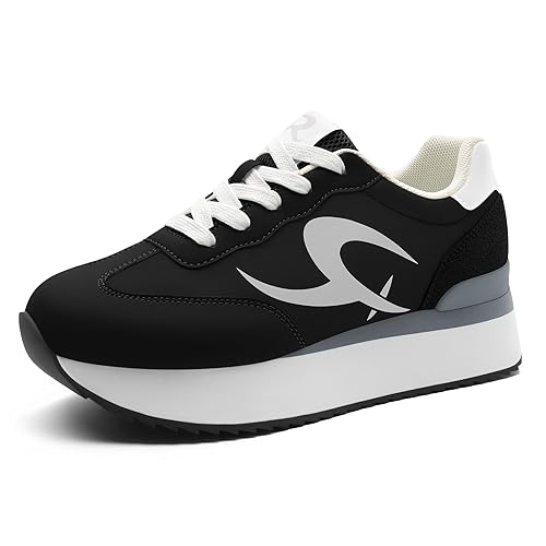 Rihero Women's Platform Sneakers Casual Lace Up Non Slip Tennis Walking Shoes Comfortable Lightweight Chunky Fashion Sneakers Black Size 9