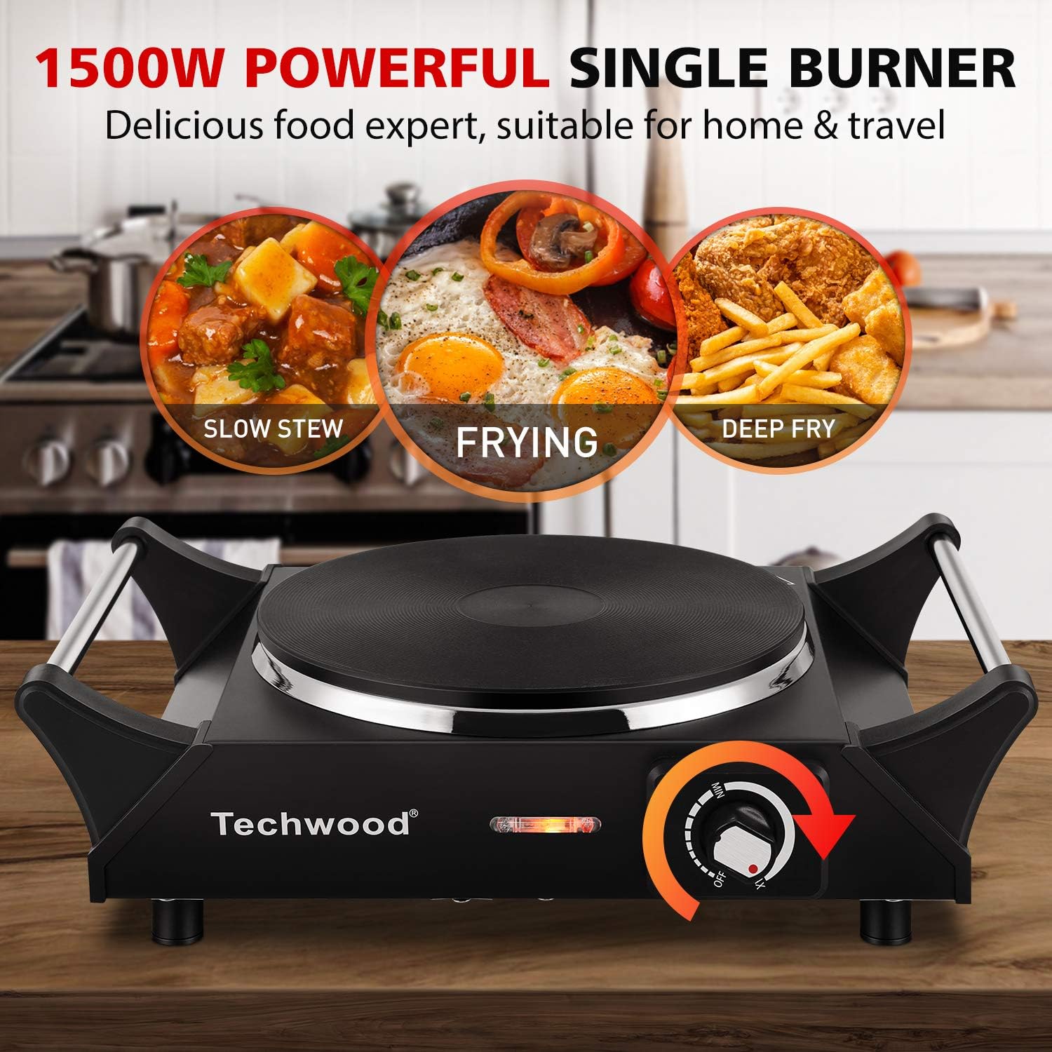 Techwood Hot Plate Portable Electric Stove 1500W Countertop Single Burner with Adjustable Temperature & Stay Cool Handles, 7.5” Cooktop for Dorm Office/Home/Camp, Compatible for All Cookwares: Kitchen & Dining