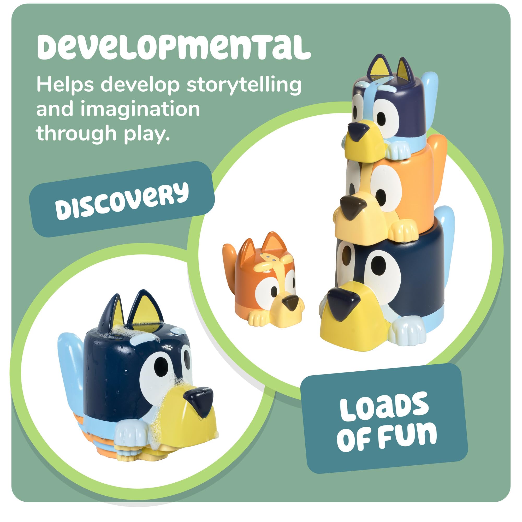 TOMY Toomies Bluey Bath Toys - Bluey's Family Pourers - Includes Chilli, Bandit, Bingo and Bluey Figures - Nesting and Stacking Cups for Bath, Beach or Pool - 4 Count - Ages 18 Months and Up