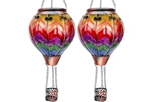 OUISJYER 2PC Hot Air Balloon Solar Lantern, Wavy-Colorful Flickering Flame Hanging Solar Lanterns Outdoor Lights Waterproof Lanterns Decorative Garden Patio Yard Party Decor with 2PC Shepherd Hook