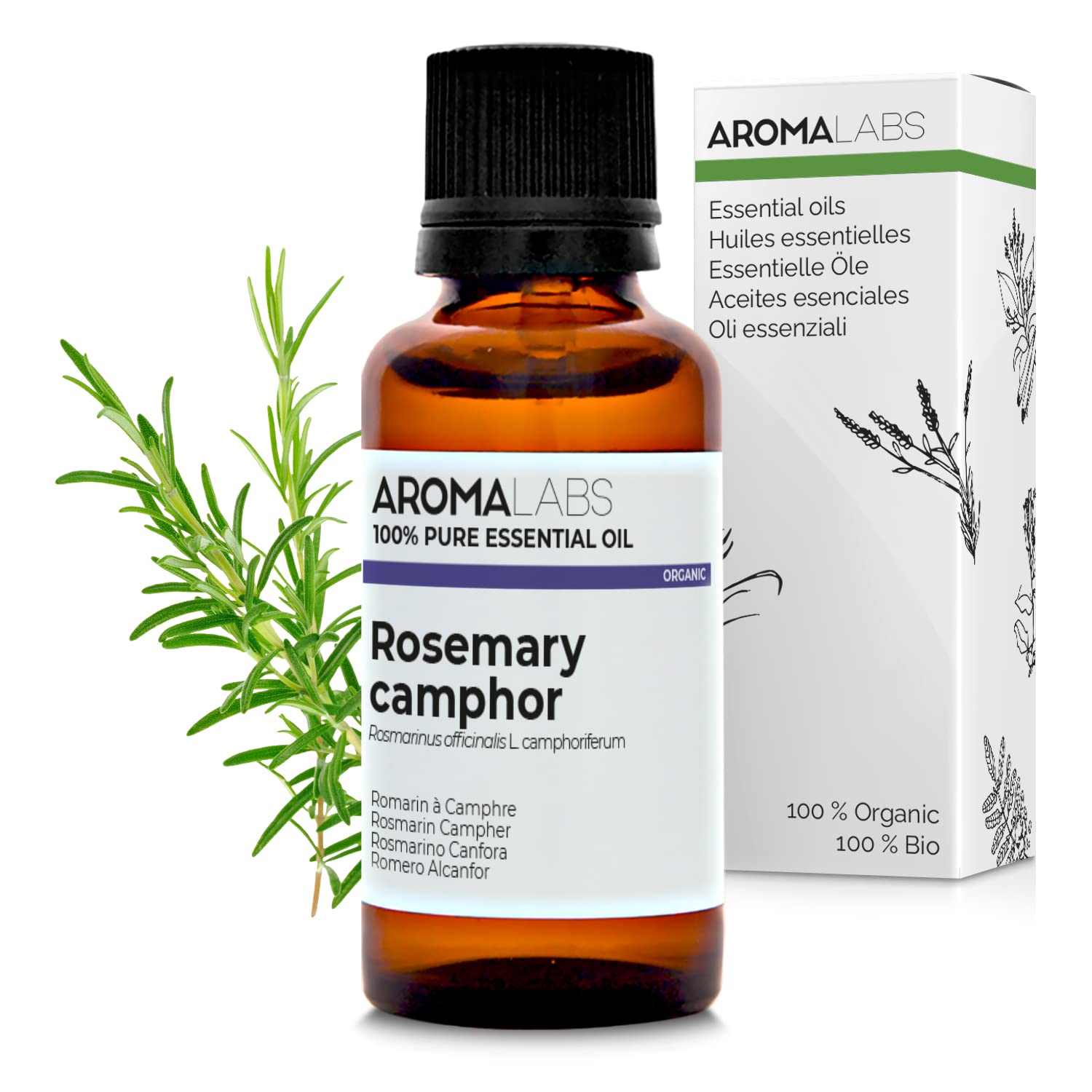 BIO - Rosemary Camphor Essential Oil - 30mL - 100% Pure, Natural, Chemotyped and AB Certified - AROMA LABS (French Brand)