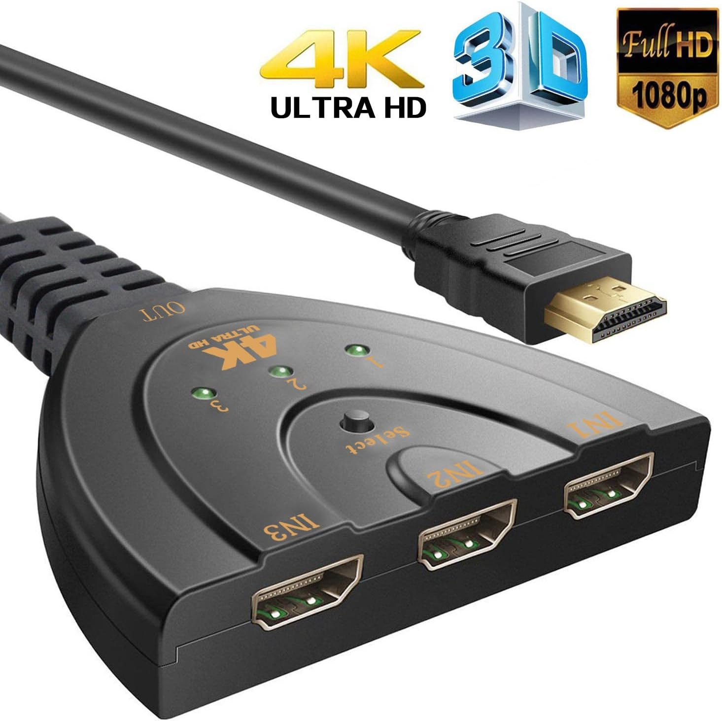 Phankey HDMI Switch 4k, 3 Port 4k*2k HDMI Switcher with High Speed Pigtail HDMI Cable Support 4K/1080P/3D for PS4/PS3/Xbox/STB/Apple TV/DVD Player/Laptop