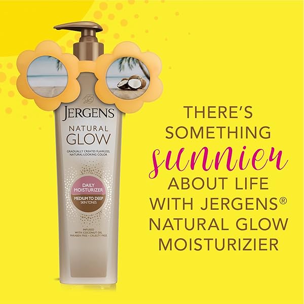 JERGENS NATURAL GLOW SELF TANNER BODY LOTION, SUNLESS TANNING, MEDIUM TO DEEP SKIN TONE, DAILY MOISTURIZER WITH COCONUT OIL, VITAMIN E AND ANTIOXIDANTS 10 OZ