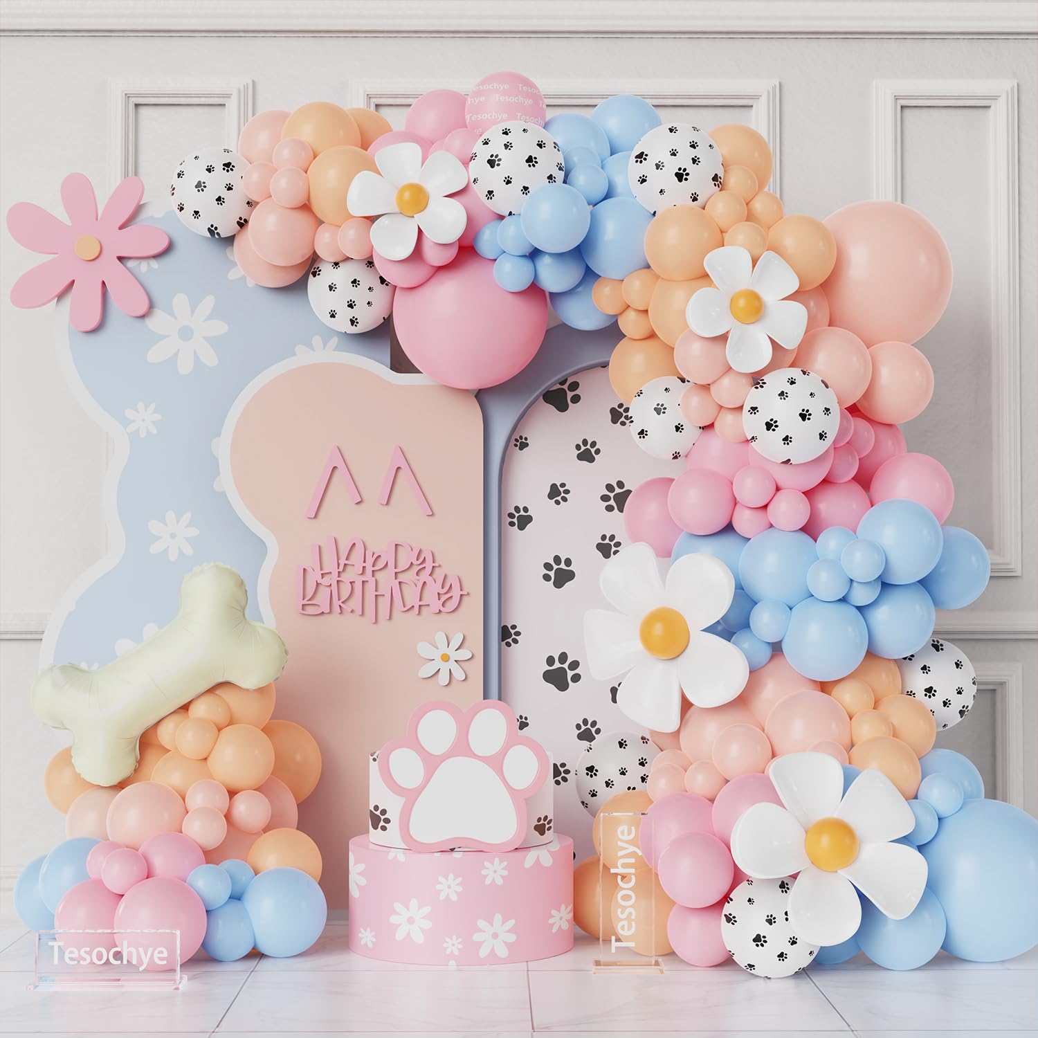 Photo 1 of 190Pcs Blue Balloon Garland Arch Kit,Dog Paw Birthday Party Decorations,Pastel Pink Blue Daisy Sunflower Balloons with Bone Foil Balloons for Boys Girls Baby Shower Blue Puppy Party Decorations