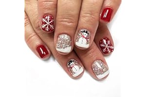 XENOPHOER Christmas Press on Nails Short Fake Nails with Snowman Snowflake Designs White French Tip Glue on Nails Xmas Glitter Sequins False Nails Cute Acrylic Stick on Nails for Women 24 Pcs