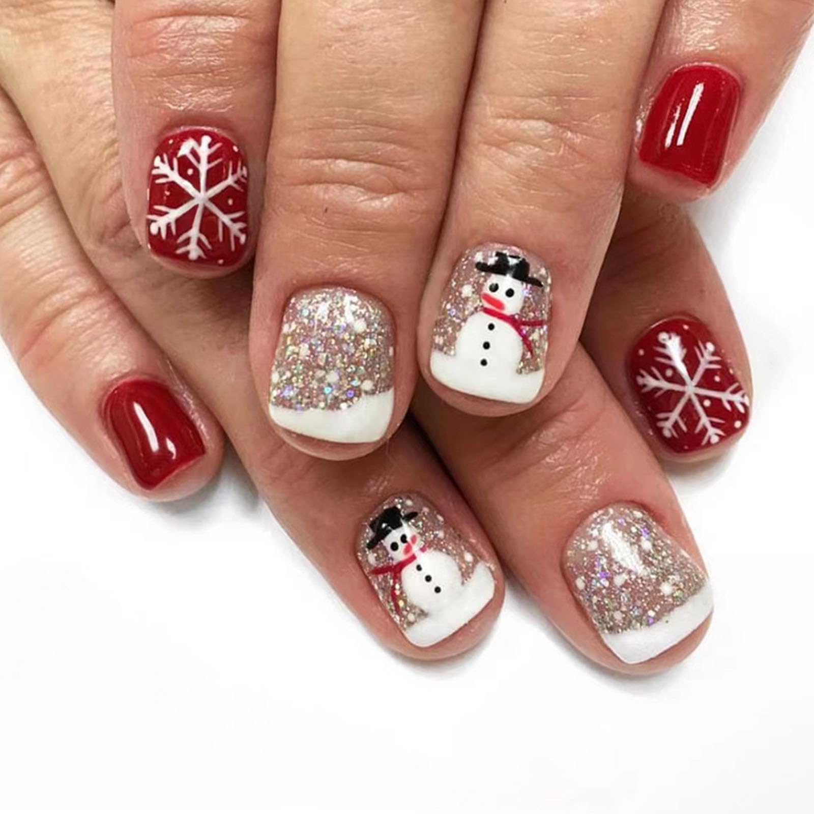 Christmas Press on Short Fake Nails With Snowman Snowflake Designs - White French Tip Glue on Xmas Glitter Sequins False Nails - Cute Acrylic Stick on for Women 24 Pcs