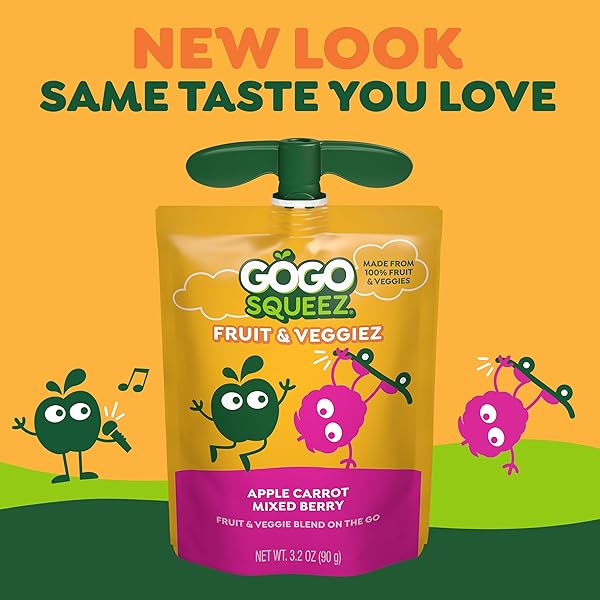 GOGO SQUEEZ FRUIT & VEGGIEZ APPLESAUCE AND PUREE VARIETY PACK, PEDAL PEACH AND BOULDER BERRY, 3.2 OZ (PACK OF 20), UNSWEETENED SNACKS FOR KIDS, BPA FREE POUCHES (PACKAGING MAY VARY)