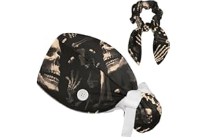FVQL Scrub Cap, Surgical Caps for Women, Skull Skeleton Halloween, Bouffant Nurse Cap Ponytail