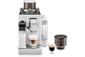 De'Longhi Rivelia Automatic Espresso Machine with Grinder & Milk Frother – All-in-One Coffee Maker, Hot & Iced Latte, Cappuccino, Bean Switch System, Burr Grinder, Compact Italian Design, White