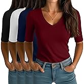 Locoowai 4 Pack Elbow Length Tee Shirts for Women V Neck Half Sleeve T Shirts Slim Fit 1/2 Sleeve Tops Basic Tees