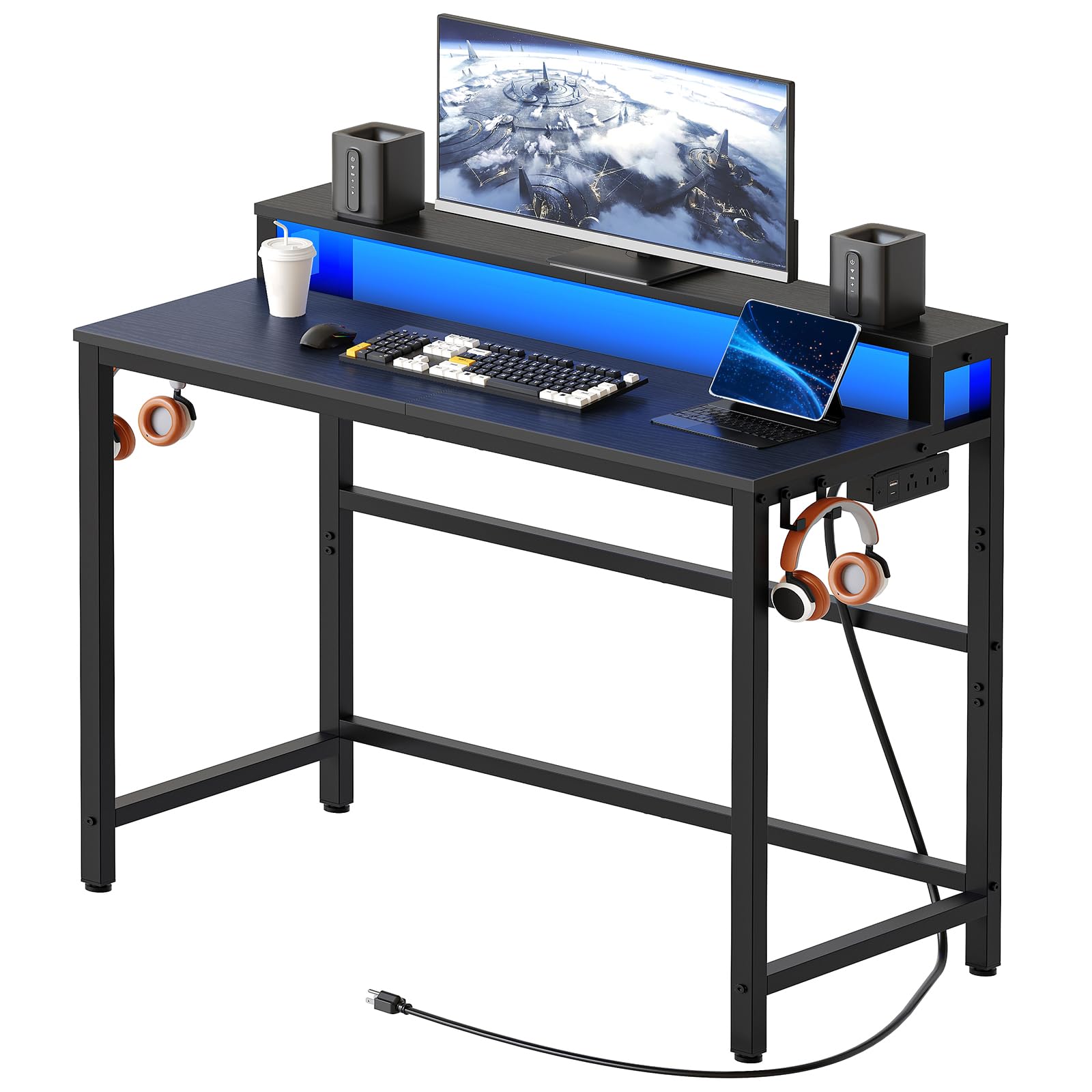 Photo 1 of ***HARDWARE  LOOSE IN PACKAGE*** YATINEY Small Computer Desk with Charging Station and LED Lights, Gaming Desk with Monitor Stand, 2-Tier Home Office Desk with 4 Side Hooks, for Living Room, Home Office, Black DN01UDBBY2