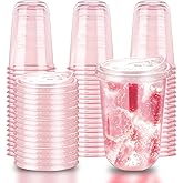 Xuelimei 16oz Disposable Stemless Glasses With Strawless Sip Lids,PET Disposable Drinking Cups,Clear Plastic Wine Glasses for Parties Birthday,Wedding,Meeting,Christmas Party Supplies (50, Pink)