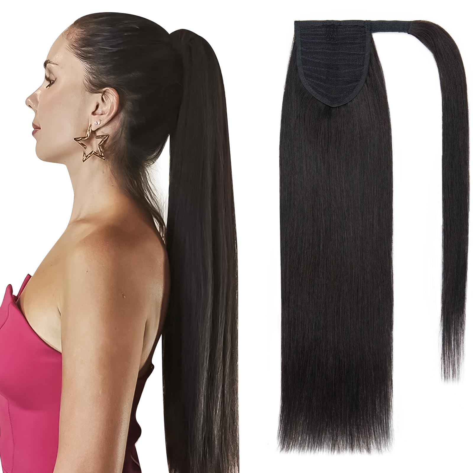 SEGOHAIR Wrap Around Ponytail Human Hair Clip in Ponytail Hair Extensions, 22 inch Long Straight One Piece Clip in Hairpieces Remy Real Human Hair-Off-Black