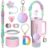 Mity rain 9PCS Cup Accessories for Stanley Cup 30oz 40oz 20oz tumbler with handle - Includes Colorful Water Bottle Handle Strap,Straw Topper,Spill-Proof Stopper,initials Charms,Boot,Pom-Pom Decorate