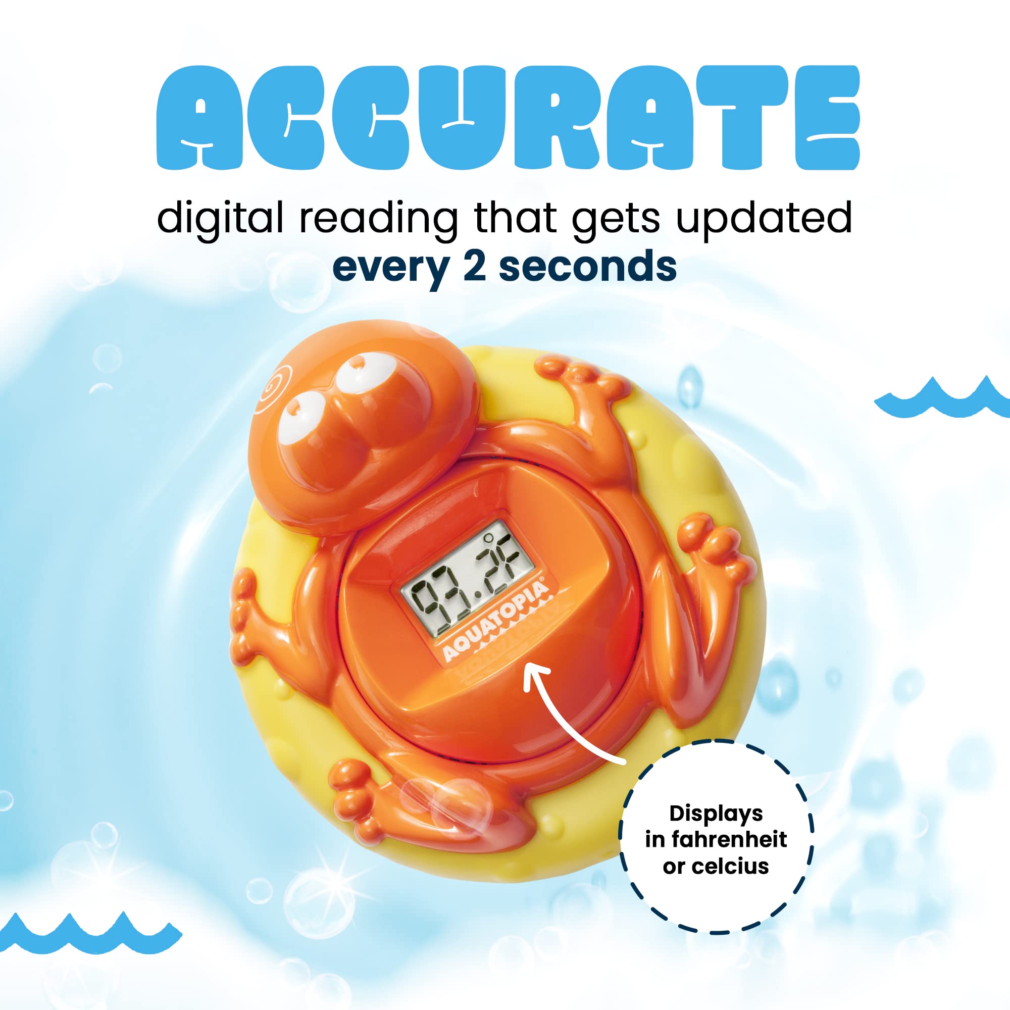 Aquatopia Baby Bath Thermometer Floating Toy with Digital Audible Alarm, Baby Water Thermometer for Bath Temp, Cute Baby Bath Essentials, Beeps When Too Hot or Too Cold, Fergus Frog, Orange