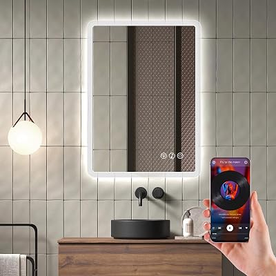 Bluetooth Espejo Baño con Luz 50x70cm, Espejos de Baño con LED con Antivaho, Regulable, 3 Colores Luz, Función Memoria