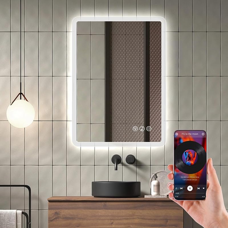 Bluetooth Espejo Baño con Luz 50x70cm, Espejos de Baño con LED con Antivaho, Regulable, 3 Colores Luz, Función Memoria