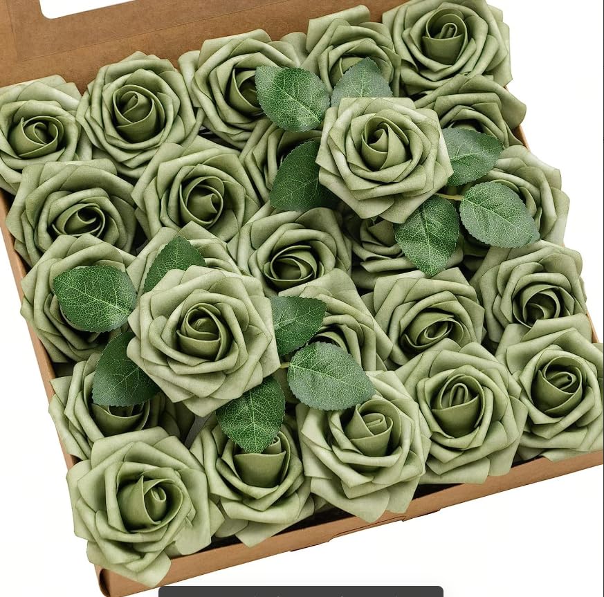 Photo 1 of Ling's Moment Artificial Flowers 50Pcs Elf Green Roses Decor w/Stems,3" Real Touch DIY Foam Floral for Wedding Bouquet/Centerpieces, Outdoors Party Backdrop, Room/Table, and Garden/Pot Decorations
