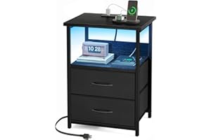 Fixwal Night Stand with Charging Station, LED Nightstand with U-S-B Ports and Outlets, 2 Fabric Storage Drawers with PU Finish, Small Bedside Table, Black