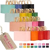qiqee 100Pcs Wide Large Paper Gift Bags with Handles - 13"x4.5"x10" Kraft Small Party Bags - 16 Solid Colors