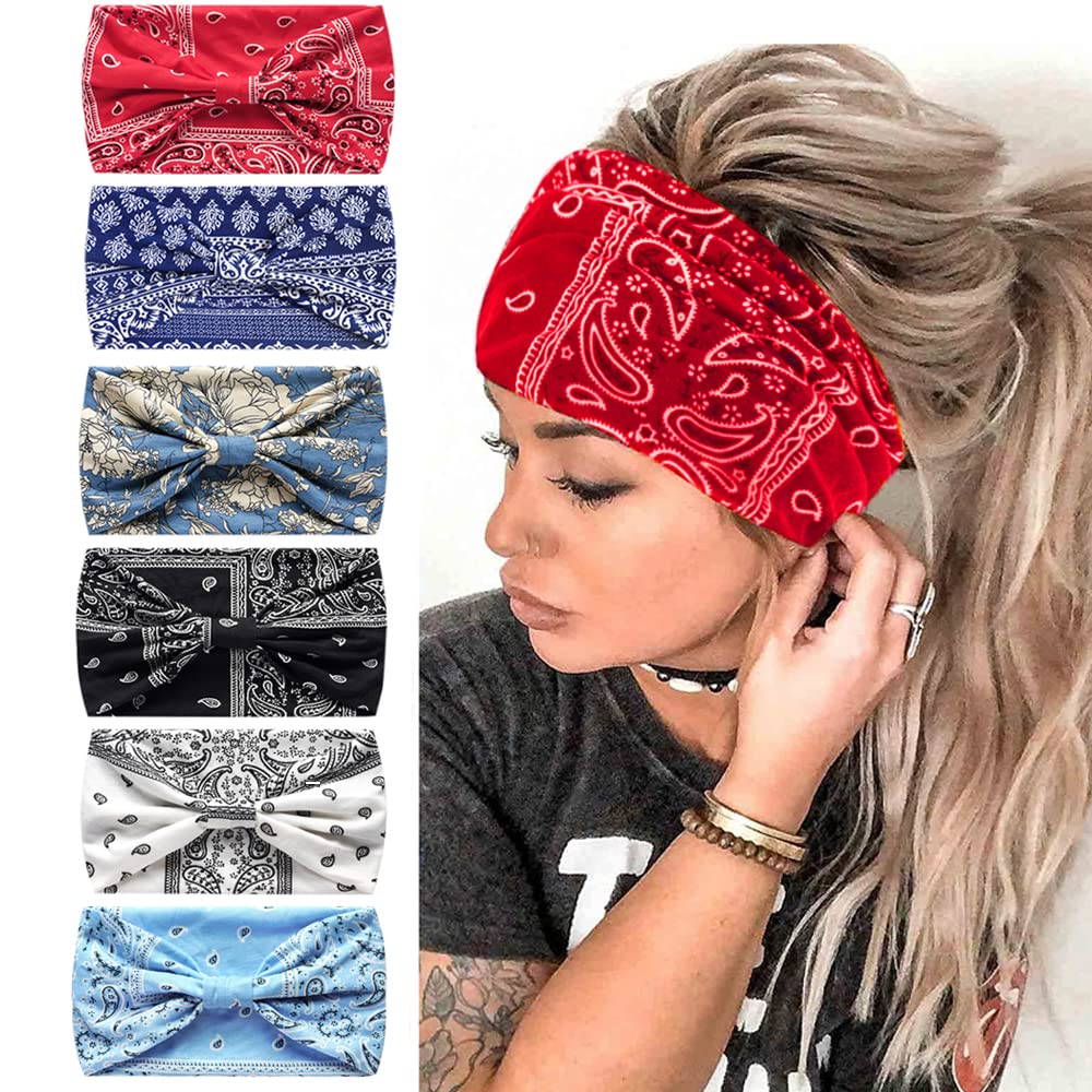 6Pcs Headbands for Women Wide Knotted Turban Bandana Boho Head Scarfs Wraps Yoga Hairbands Fabric Elastic Headband Sport Running Headscarves (CashewWhite)