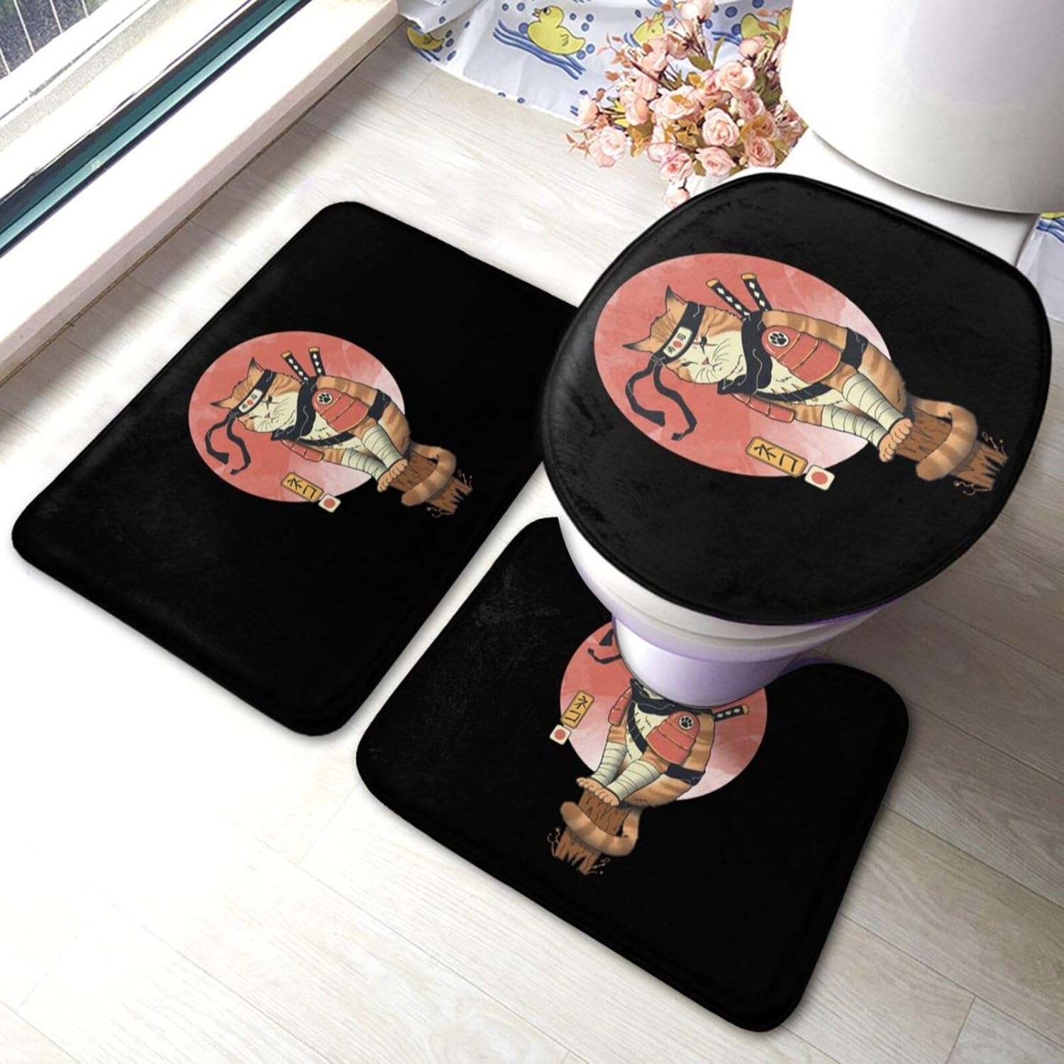 Shinobi Cat 3 Piece Set Bath Mat Set, NonSlip Bathroom