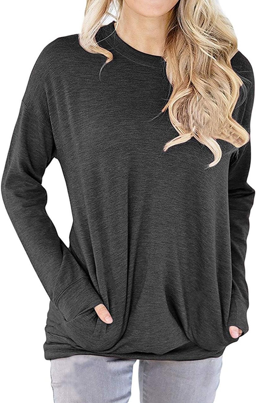 Dutebare Women Long Sleeve Round Neck Sweatshirt Pocket Pullover Loose Tunic Shirts Blouse Tops