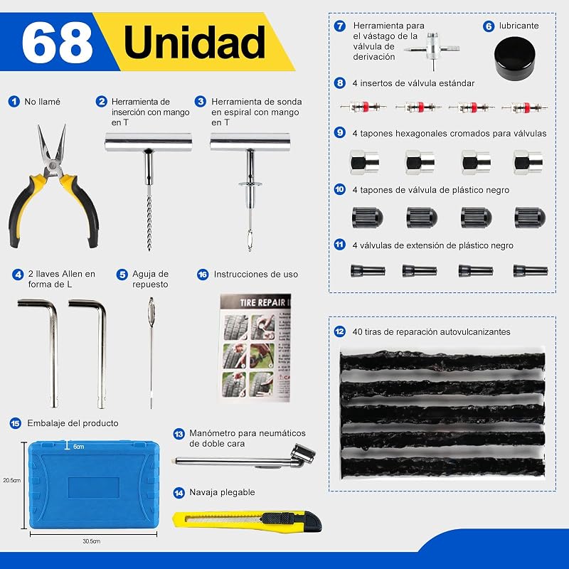 Kit de Reparación de Neumáticos de 68 Piezas, Universal