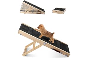 JAMHEXOU Small Dog Ramp, Adjustable Portable Folding Wooden Pet Ramp, 32" Long with Non-Slip Mat, Adjustable from 9" to 17.5"