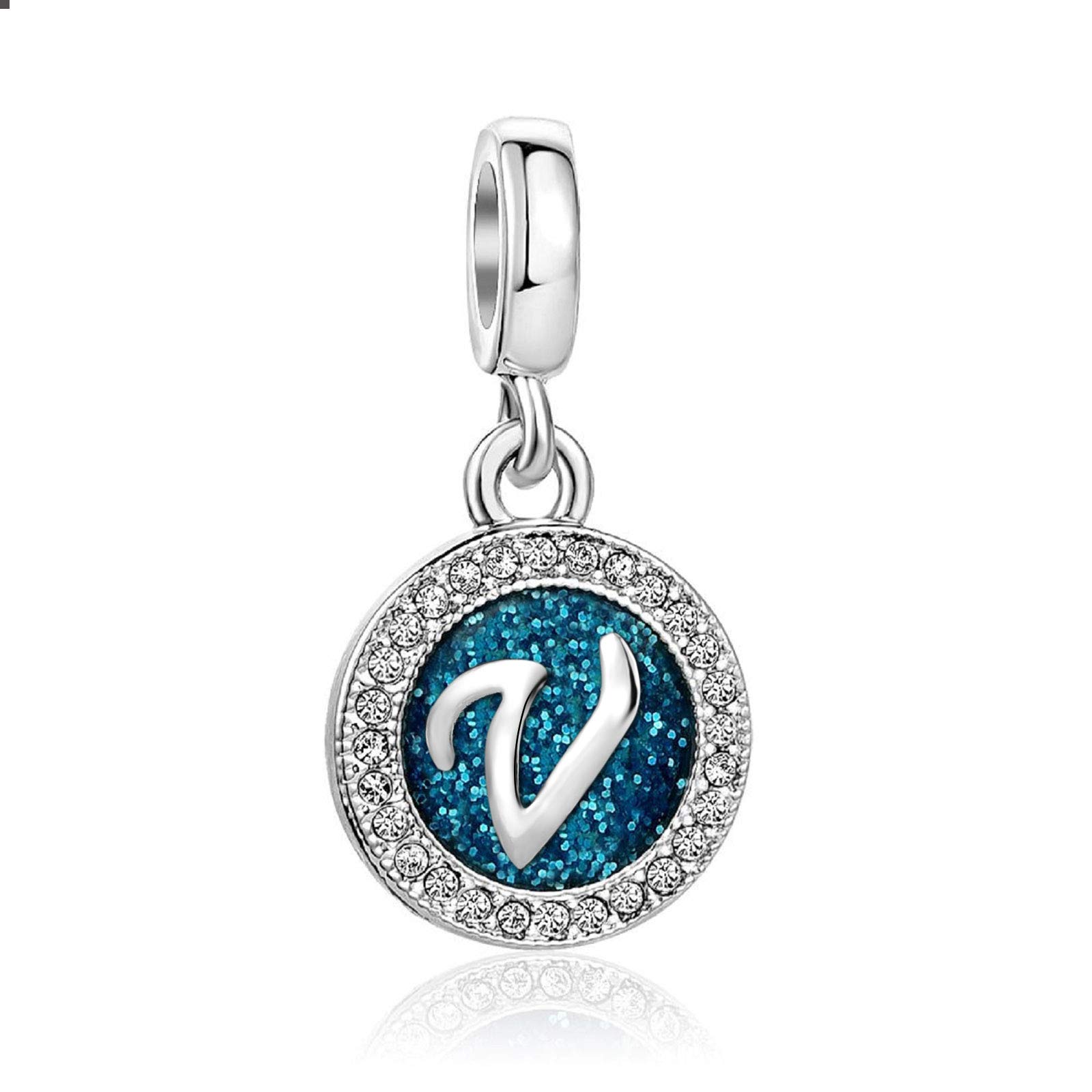 KunBead Jewelry Letter V Initial Charms Blue Dangle Essence Heart Nan 21 Birthday Bead Charms for Women Girls