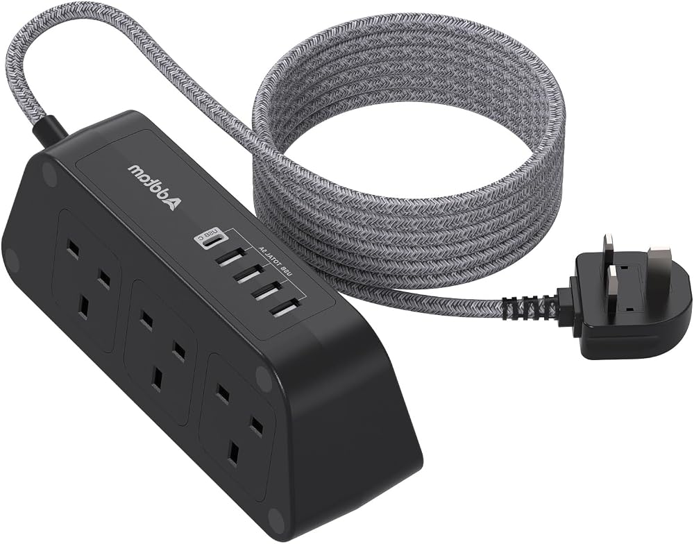 Addtam 6 Way Extension Lead with USB Ports 5A USB-C & USB-A 5M Braided Cable