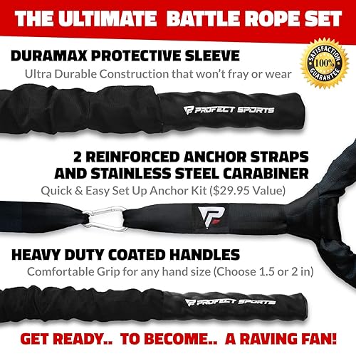 Pro Battle Ropes with Anchor Strap Kit and Exercise Poster – Upgraded  Durable Protective Sleeve – 100% Poly Da