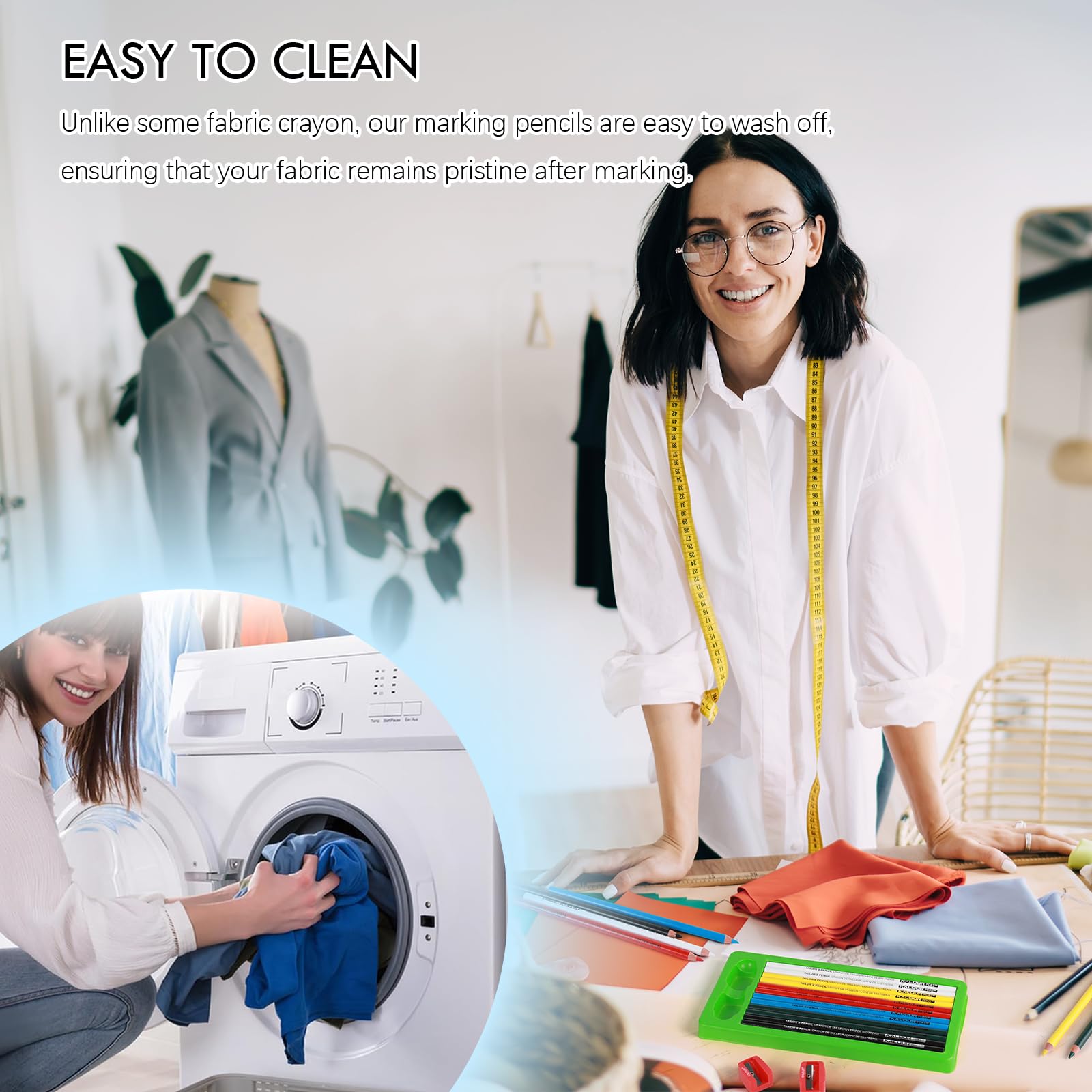 12 PCS Tailors Pencil Set, Sewing Fabric Pencils and Fabric Marker Pens for Quilting, Sewing, Dressmaking Supplies, Water-Soluble, 6 Colors, Includes 2 Sharpeners