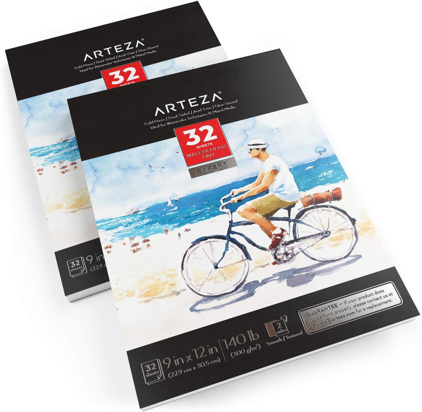 Arteza Watercolor Paper Pad Expert, Watercolor Sketchbook 9x12 inch, Pack of 2, 32 Sheets Each, Glue Bound, 140lb/300gsm Cold Pressed Acid Free Paper for Watercolors and Mixed Media : Office Products