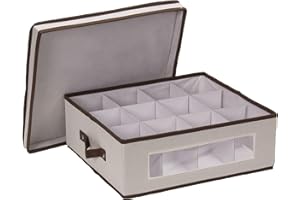 Household Essentials 538 Vision China Storage Box for Tea Cups and Mugs with Lid and Handles - Natural Canvas with Brown Trim