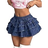 BEAUDRM Women's Y2K Solid Ruffle Denim Skirt Drop Low Waist A Line Jean Skirt Casual Tiered Layer Hem Tiered Mini Skirt