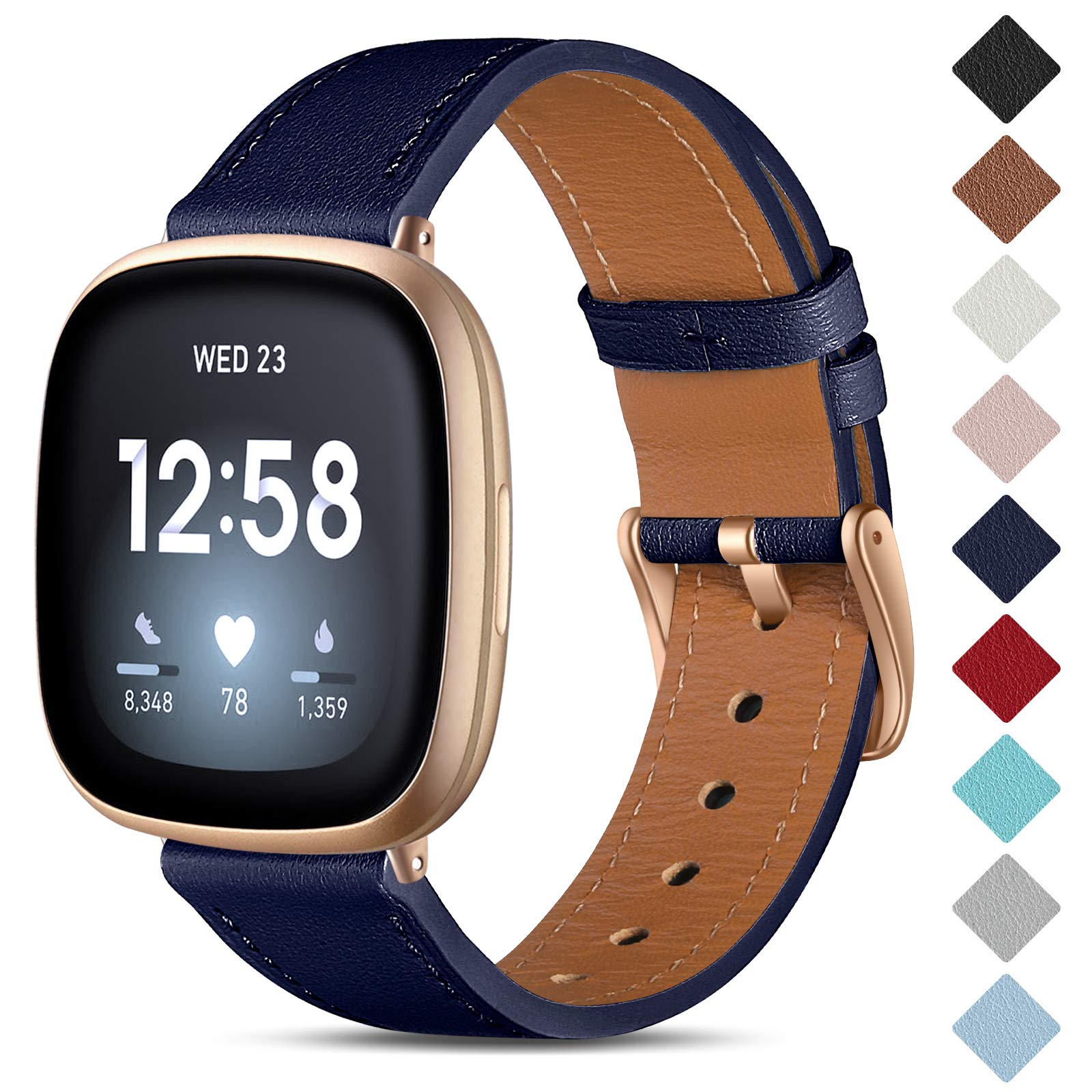 CeMiKa Leather Strap Compatible with Fitbit Sense/Fitbit Versa 3 - Genuine Leather Wristband for Women & Men, Blue