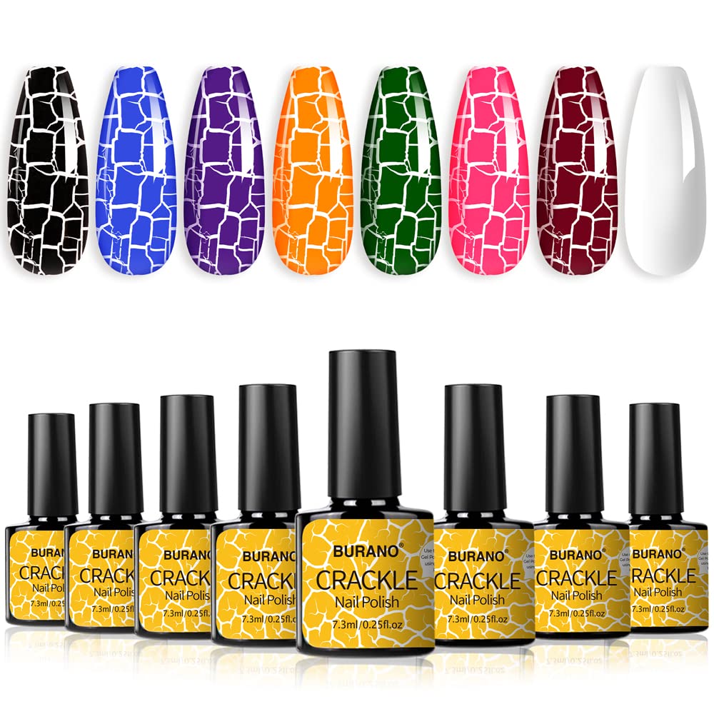 BURANO Crackle Gel Nail Polish Set - 7 Colors + White, Super Easy Cracked Nail Polish, Air Dry, UV Lamp Needed