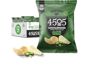 4505 MEATS 4505 Jalapeno Cheddar Seasoned Chicharrones, Fried Pork Rinds - Jalapeno Cheddar Flavored Pork Skins - Low Carb, Gluten-Free, Protein Snack - 1.1oz (Pack of 12)