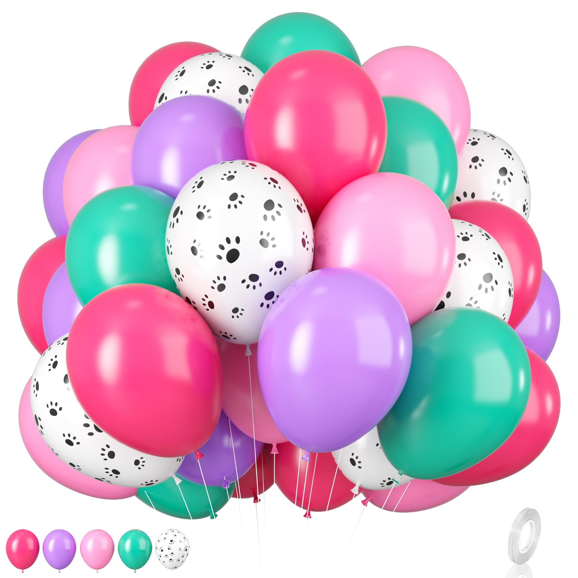 Pink Teal Purple Paw Balloons - 12 Inch Paw Printed Metallic Rose Balloons for Girls Puppy Themed Birthday & Baby Shower Party Decorations