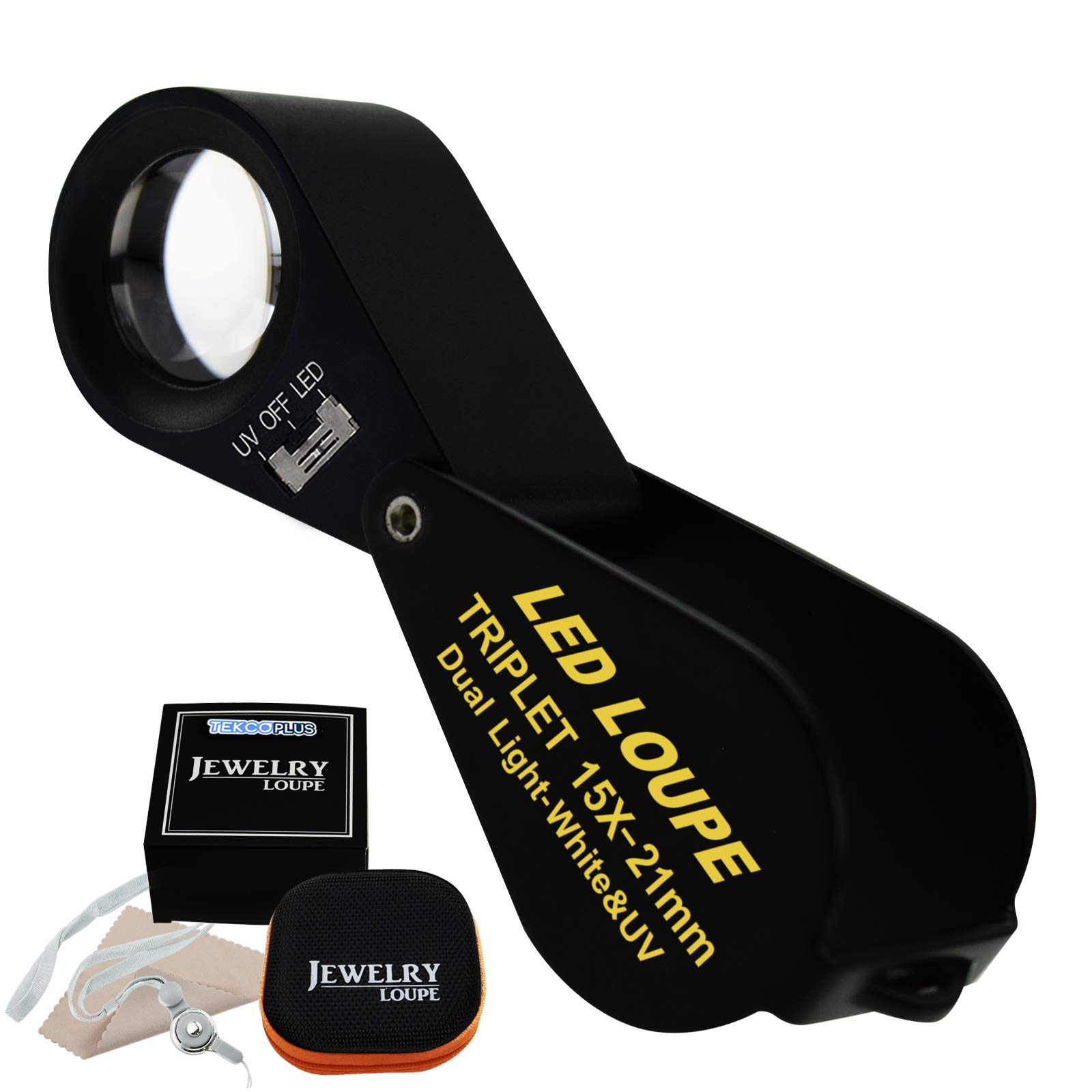 21mm LED Loupe Jeweler Magnifier Magnification Dual 6 LED Lights (White) & UV Light, Black Frame, Foldaway Pocket, Achromatic Aplanatic, Triplet Lens Magnifying Gem (15x Magnification)