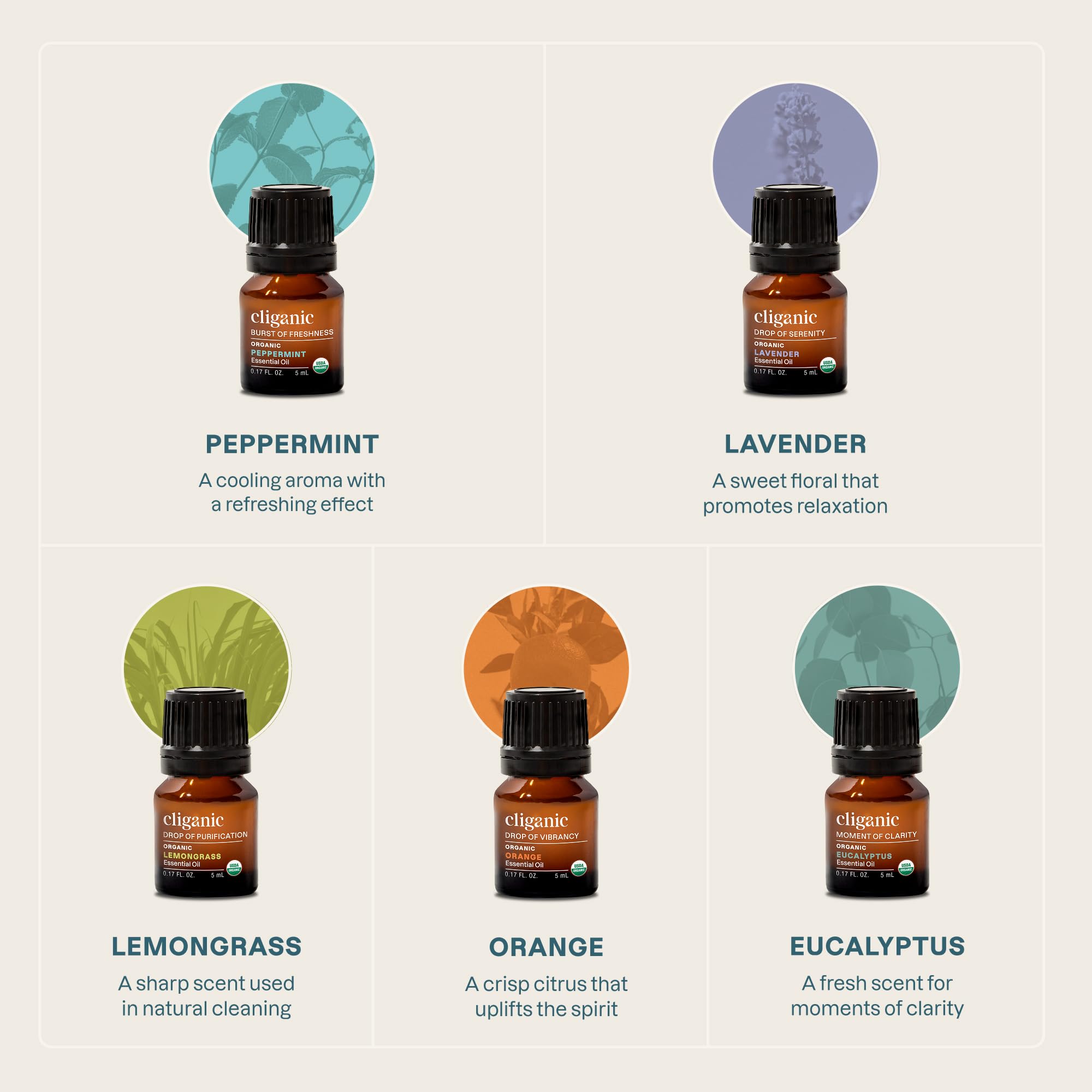 Cliganic Organic Essential Oils Set (Top 5 - The Classics) - 100% Pure Natural - Aromatherapy, Candle Making - Peppermint, Lavender, Eucalyptus, Lemongrass & Orange