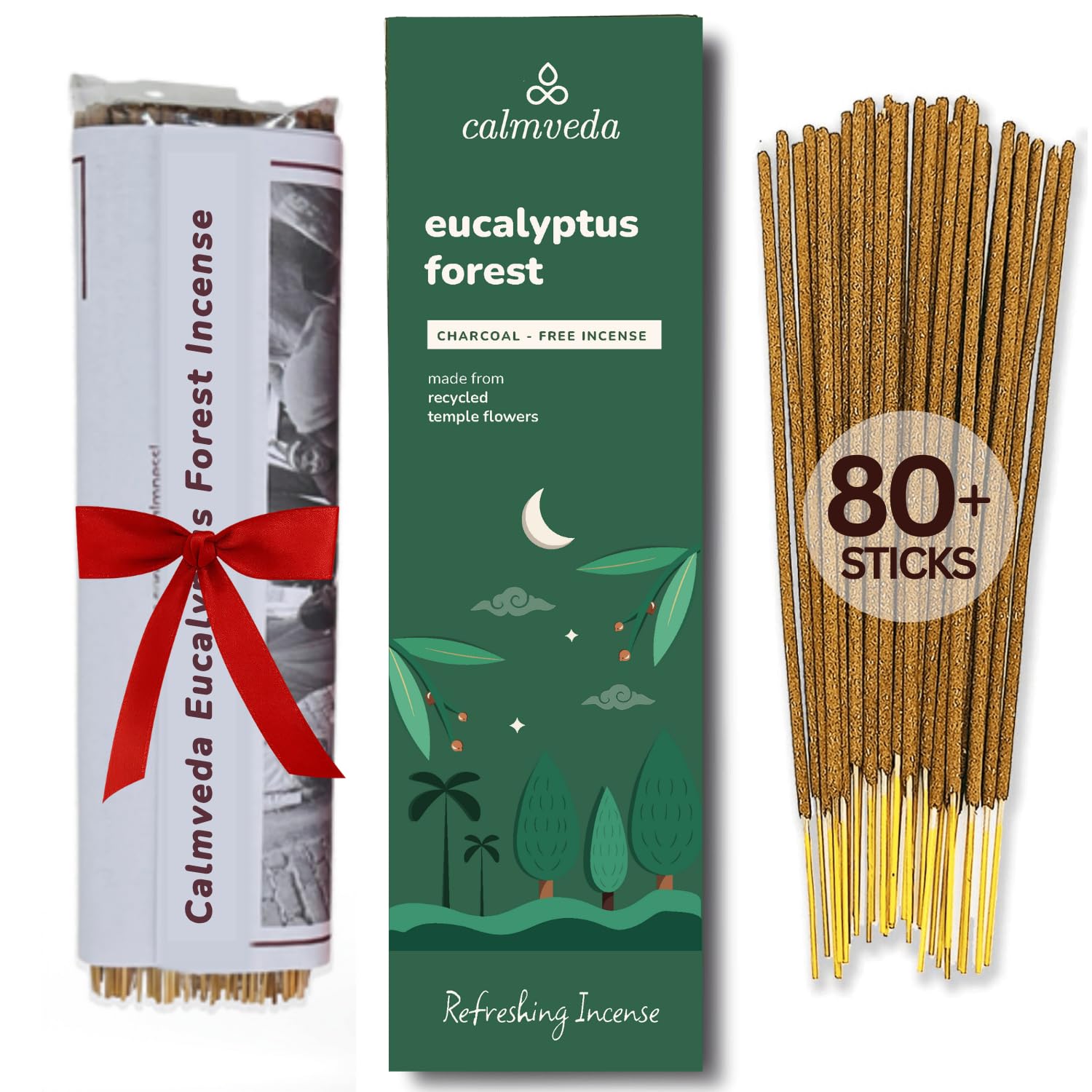 Calmveda Forest Eucalyptus Incense Sticks - 80 Charcoal Free Incense Sticks, Made from Upcycled Flowers | Crisp, Refreshing Aroma of Rainforest Incense, Transports You to Eucalyptus Forest — image 1