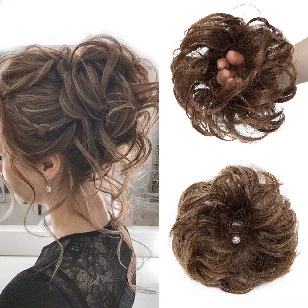 Silk-co Updo Ponytail Hair Extensions - Light Brown, Messy Scrunchies, Curly Wavy Hairpieces