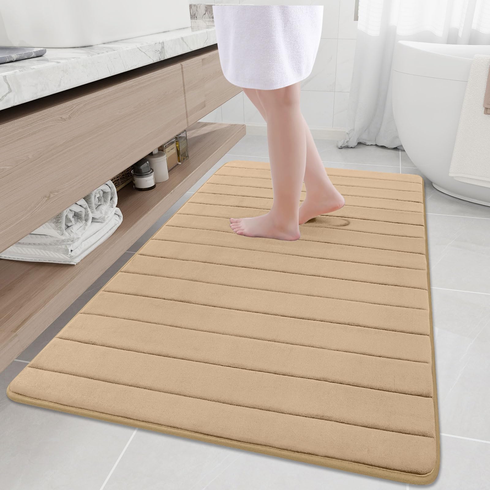 Photo 1 of Buganda Memory Foam Bath Mat, 59" x 34", Ultra Soft and Non-Slip Bathroom Rugs, Water Absorbent and Machine Washable Bath Rug Runner for Bathroom, Shower, and Tub, Camel